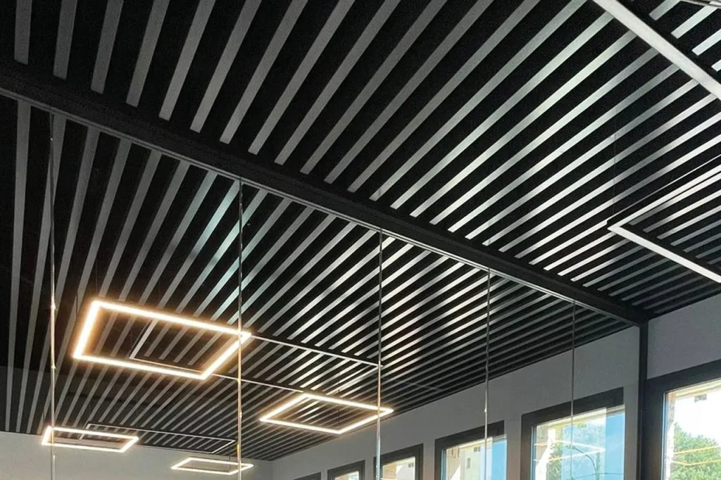 Modern ceiling with black linear slats and several square LED light fixtures. Large windows below let in natural light, creating reflections on glass surfaces. The overall style is contemporary and minimalistic.