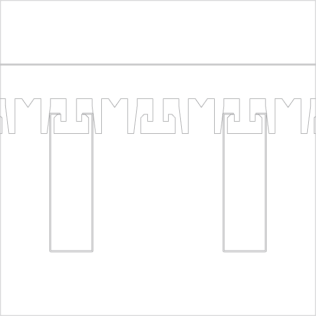 Line drawing of an interlocking joint mechanism with rectangular tabs fitting into corresponding slots along a jagged edge, resembling a puzzle or mechanical connector system.