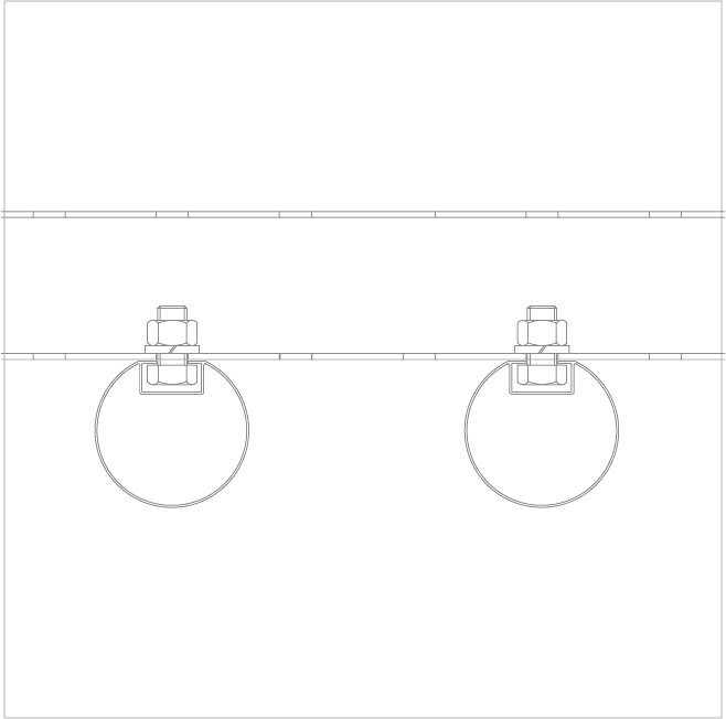 A technical line drawing showing two large circular clamps, each secured with bolts, attached to parallel horizontal bars. The image has a minimalist, schematic style with precise lines.