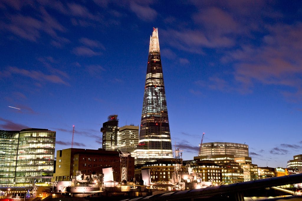 The Shard skyscraper in London illuminated at dusk, surrounded by modern office buildings that showcase the versatility of aluminium in modern architecture, all set against a deep blue sky with scattered clouds.