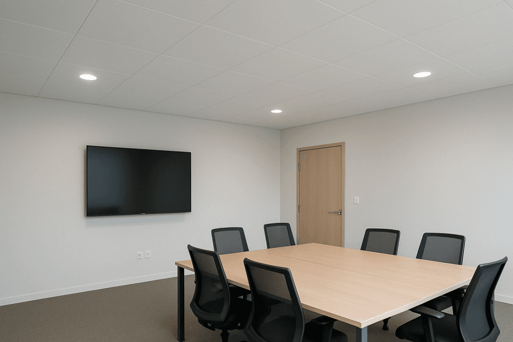 A modern conference room with a large wooden table, six black office chairs, a flat-screen TV mounted on the wall, and a closed wooden door. The room has white walls and a ceiling with recessed lights.