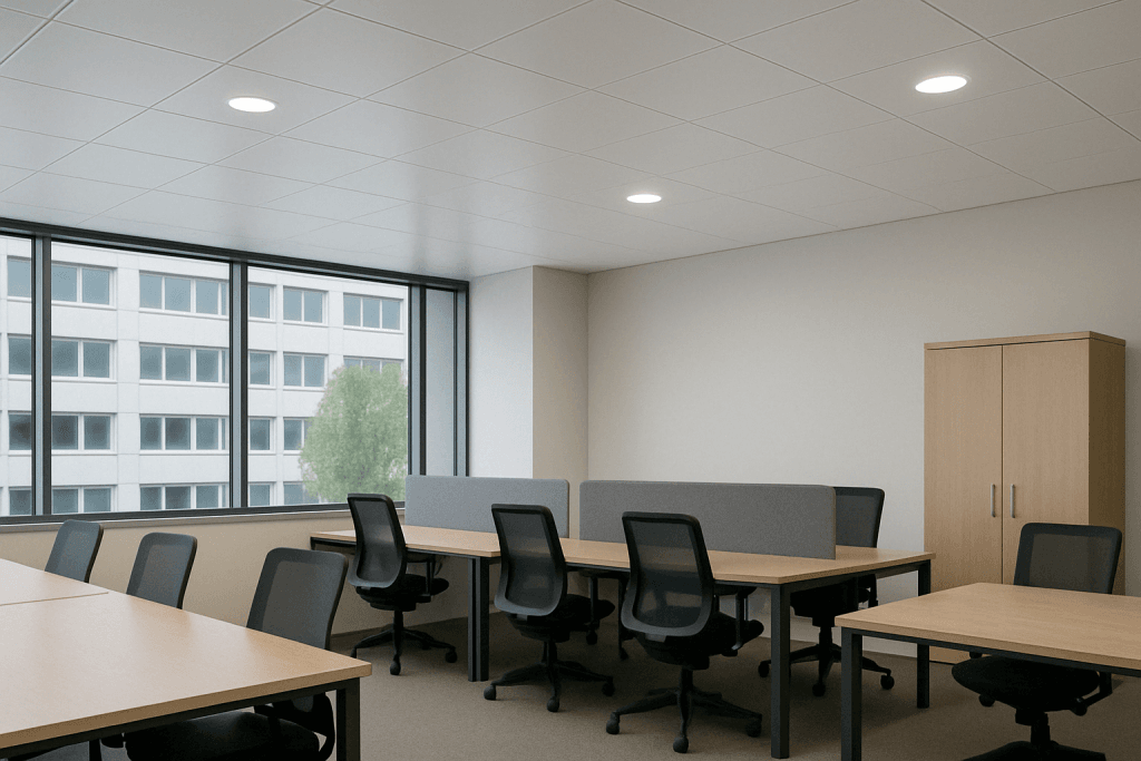 A modern, empty office with several desks and black office chairs, partition dividers, large windows showing an adjacent building, and a wooden storage cabinet against a white wall.