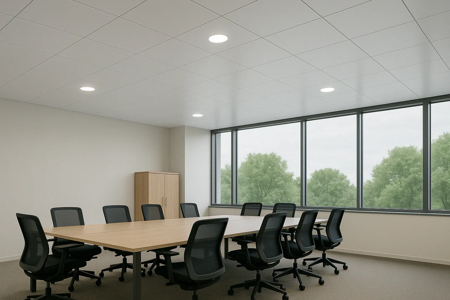 A modern conference room with a large wooden table, eight black office chairs on casters, a wooden storage cabinet, and large windows showing green trees outside on a cloudy day.