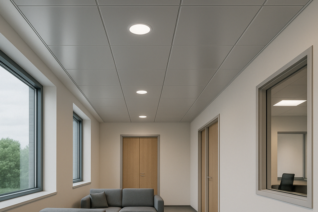 A modern office hallway with a drop ceiling, recessed lights, large windows on the left, an interior window on the right, a gray sofa, and closed wooden doors at the end.