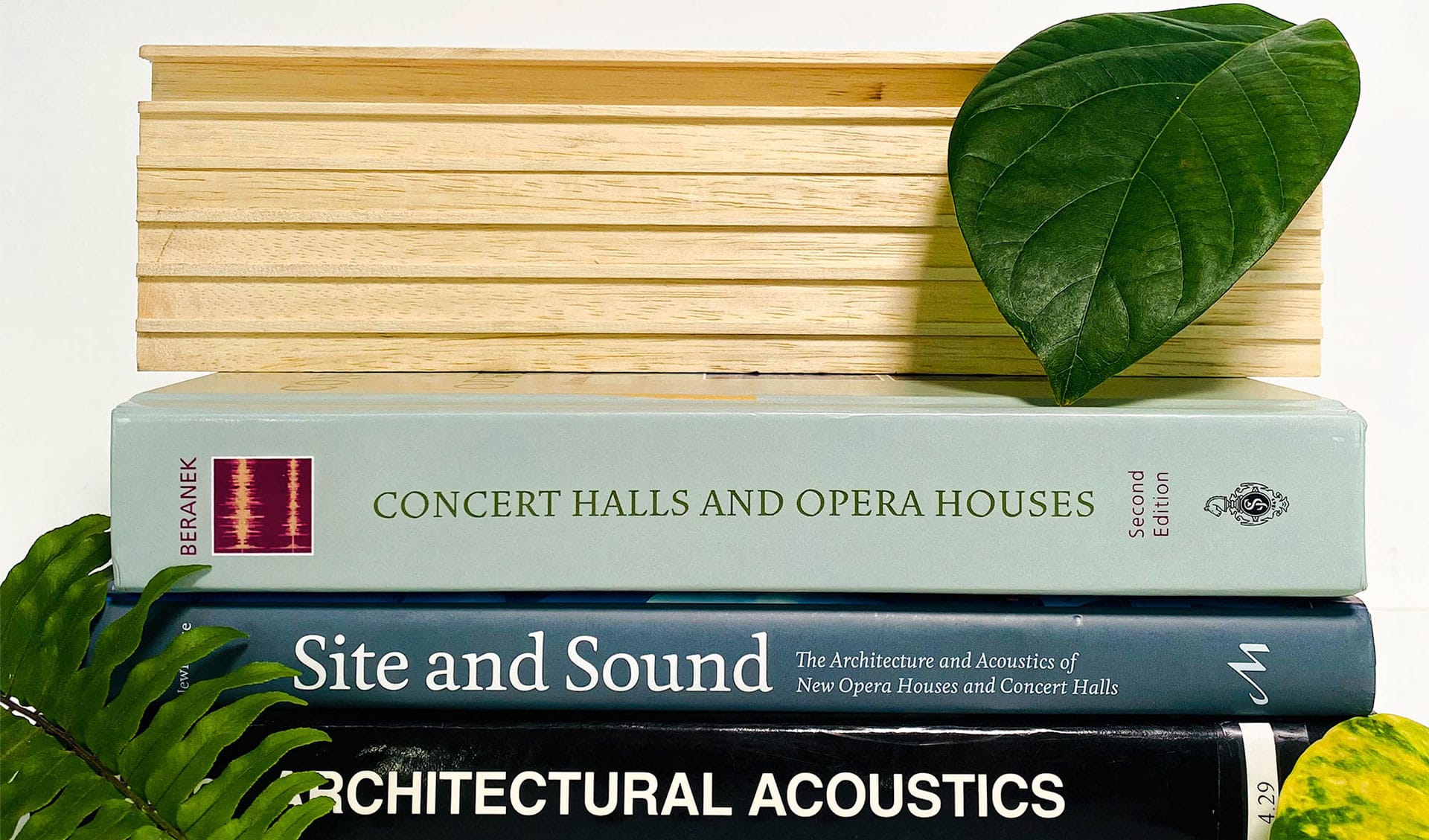 A stack of books about acoustics and architecture, topped with a large green leaf. The visible titles are CONCERT HALLS AND OPERA HOUSES, Site and Sound, and ARCHITECTURAL ACOUSTICS.