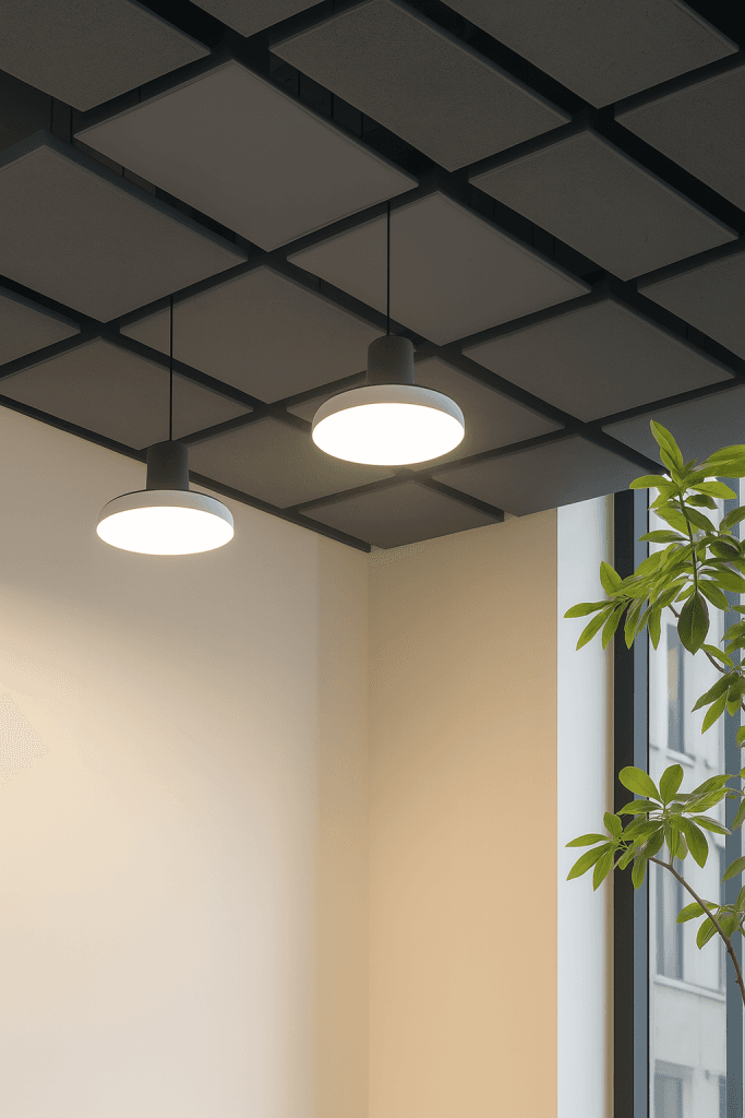 Two modern pendant lights hang from a black grid ceiling in a minimalist interior. There is a large window and part of a green leafy plant is visible on the right side of the image.