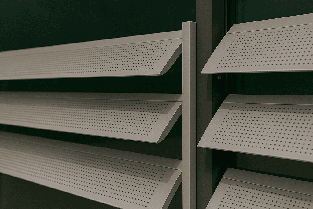 Close-up of metallic slats with small perforations, arranged horizontally against a dark background, resembling modern architectural or industrial ventilation panels.