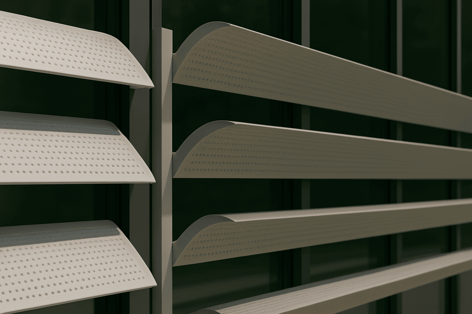 Close-up view of modern, angled metal louvers with small perforations, mounted on a dark building facade, likely serving as sunshades or ventilation panels.