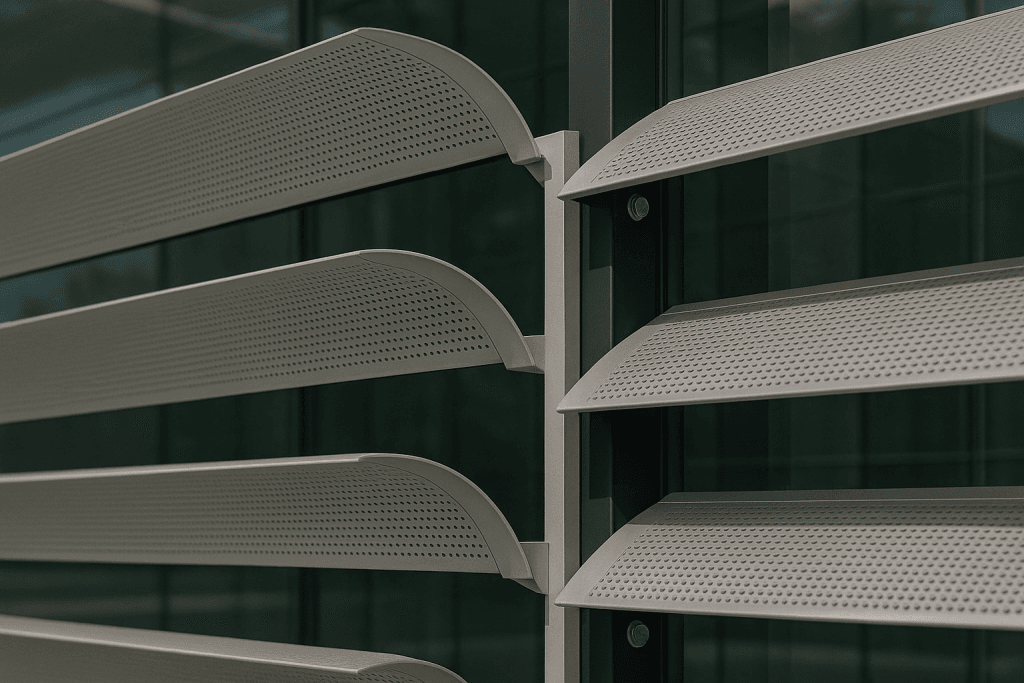 Close-up of several horizontal, perforated metal slats attached to a modern building facade, with reflections visible in the glass windows behind them. The image has a muted color tone.