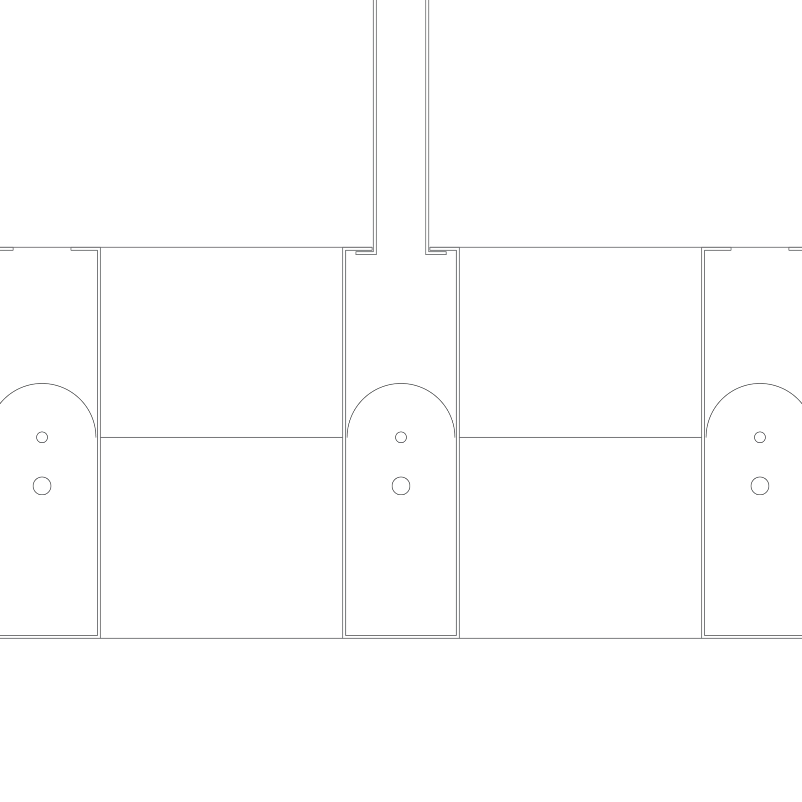 A minimal line drawing shows a symmetrical architectural design with three vertical columns, each topped by a rounded arch and two small circular details below the arch, evoking the clean lines of modern aluminium ceilings on a plain white background.