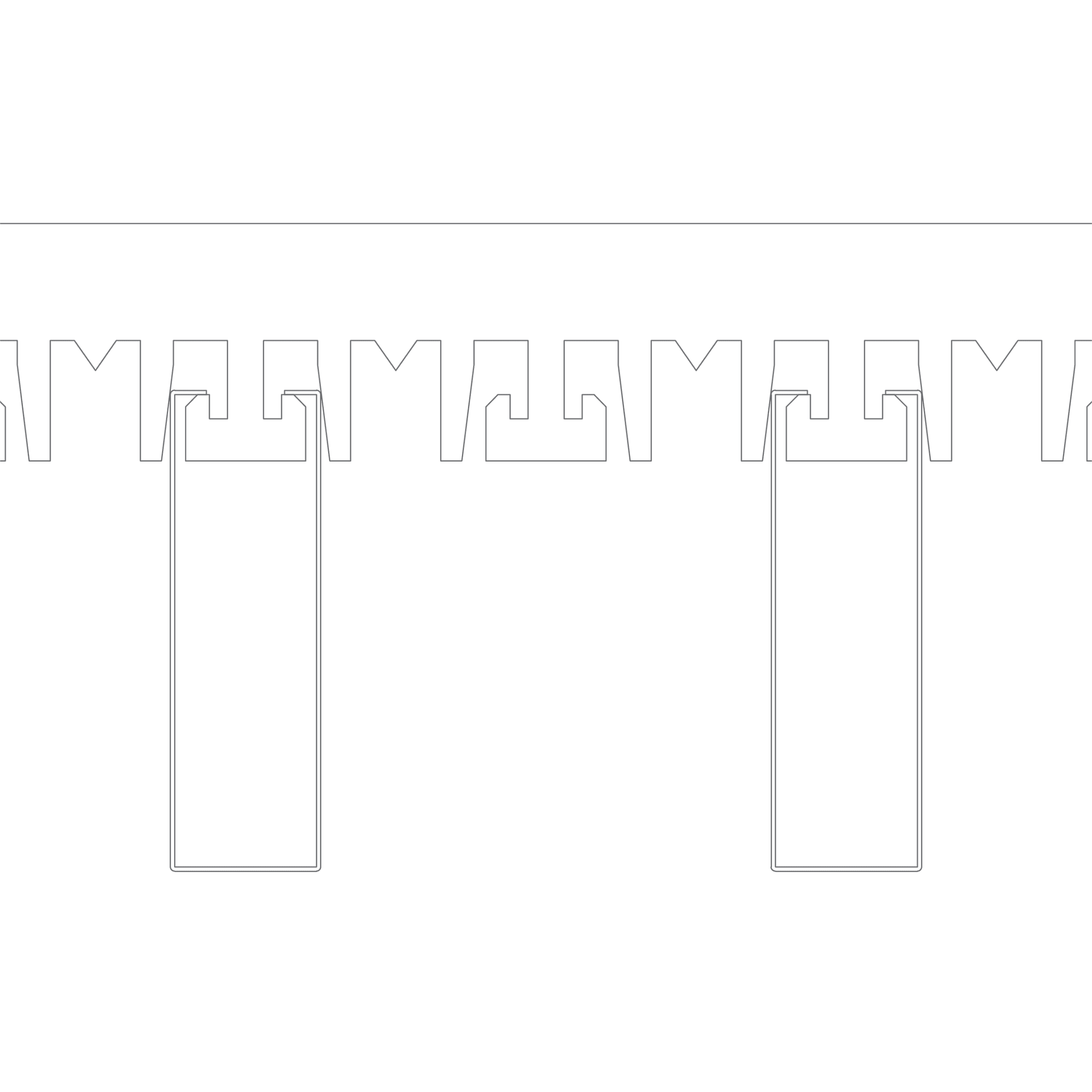 A technical line drawing shows a horizontal row of evenly spaced rectangular and angular shapes, each with a symmetrical cutout extending downward, resembling component connectors or terminals.