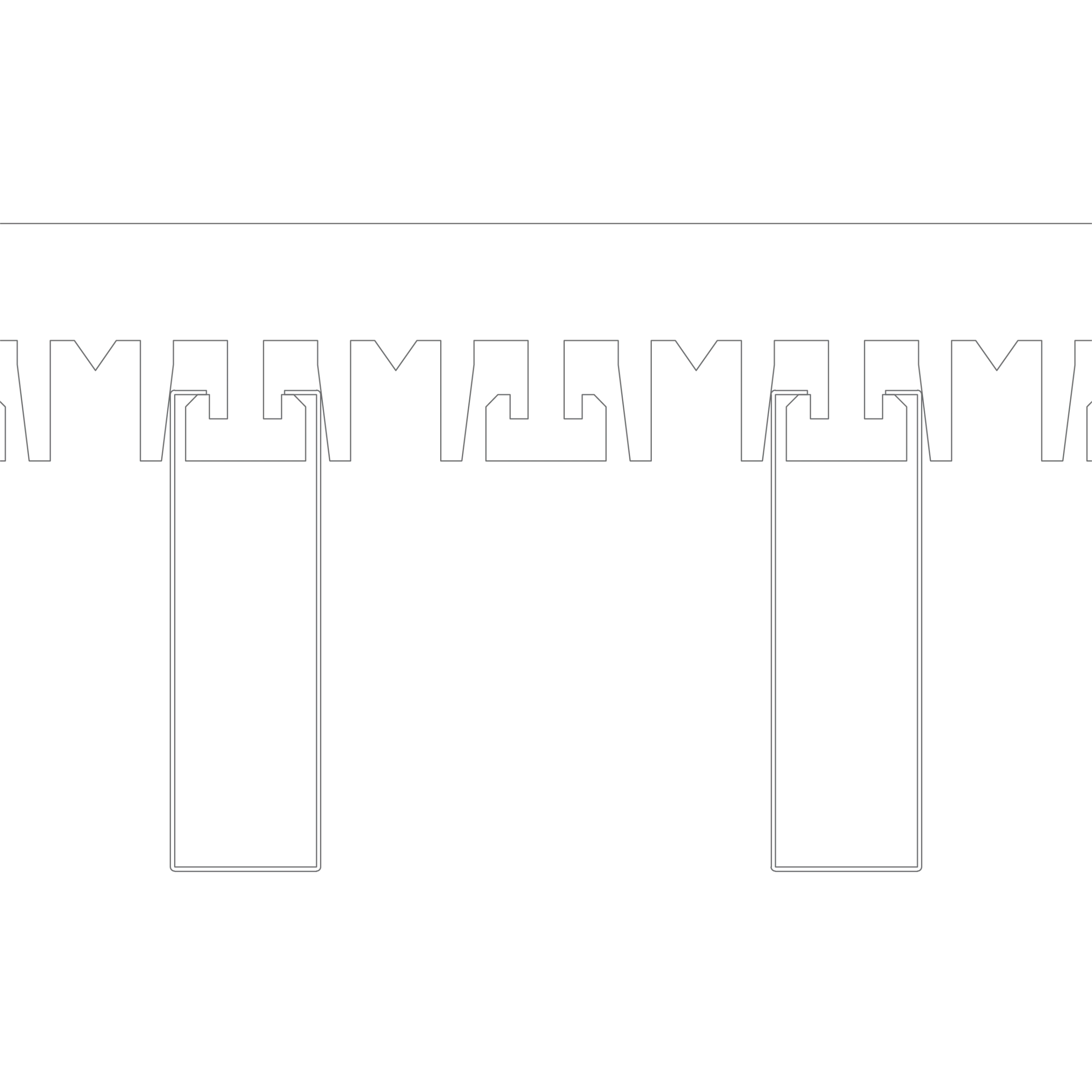 A technical line drawing shows a horizontal row of evenly spaced rectangular and angular shapes, each with a symmetrical cutout extending downward, resembling component connectors or terminals.