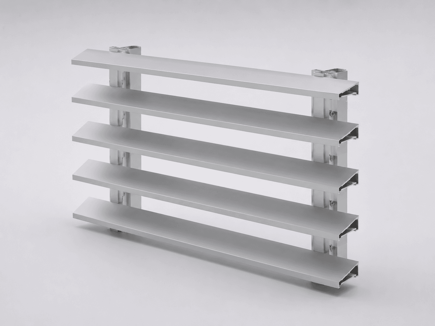 A metallic louver with six horizontal slats and two vertical supports, isolated on a light gray background.