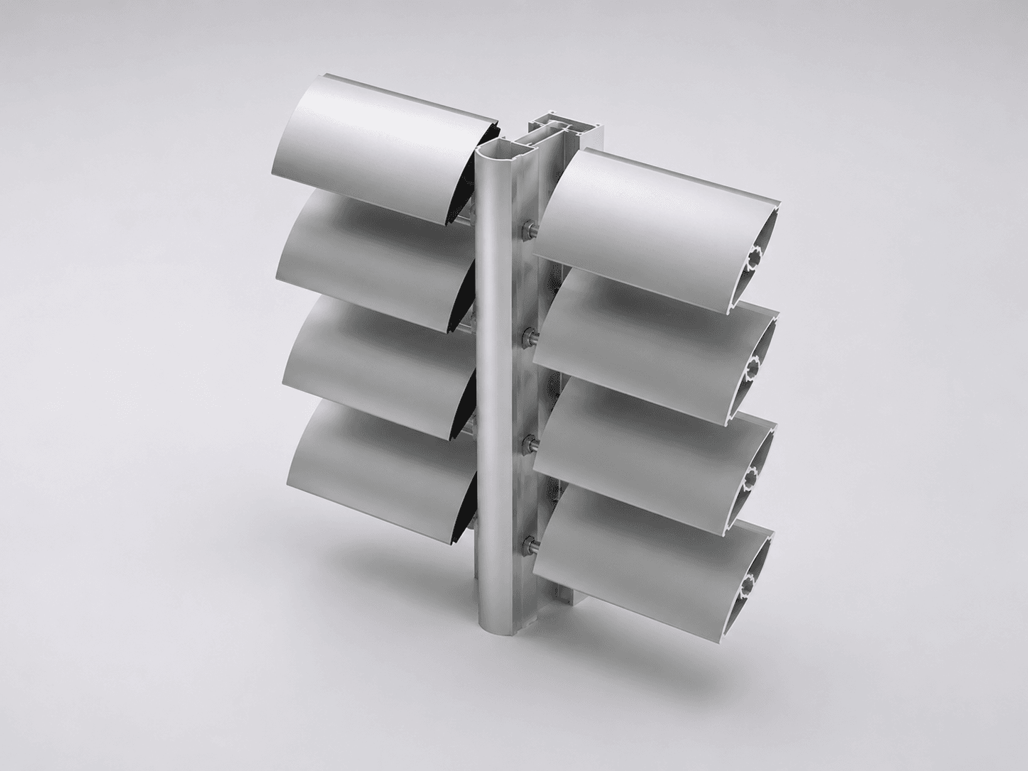 A metal cylindrical pole with six attached rectangular metal fins, three on each side, arranged in pairs and evenly spaced vertically against a plain light gray background.
