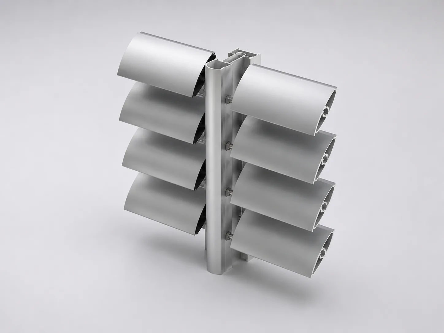 A metal cylindrical pole with six attached rectangular metal fins, three on each side, arranged in pairs and evenly spaced vertically against a plain light gray background.