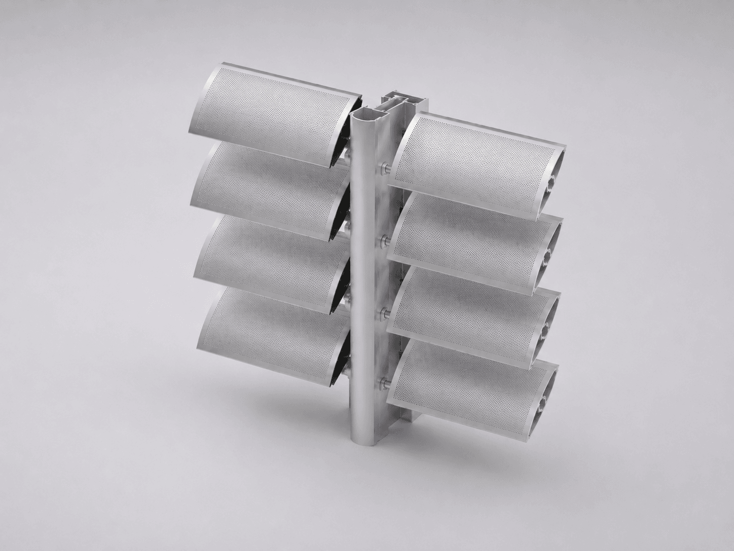 A metallic vertical structure with six curved, rectangular panels arranged in two columns of three, attached to a central pole, set against a plain light gray background.