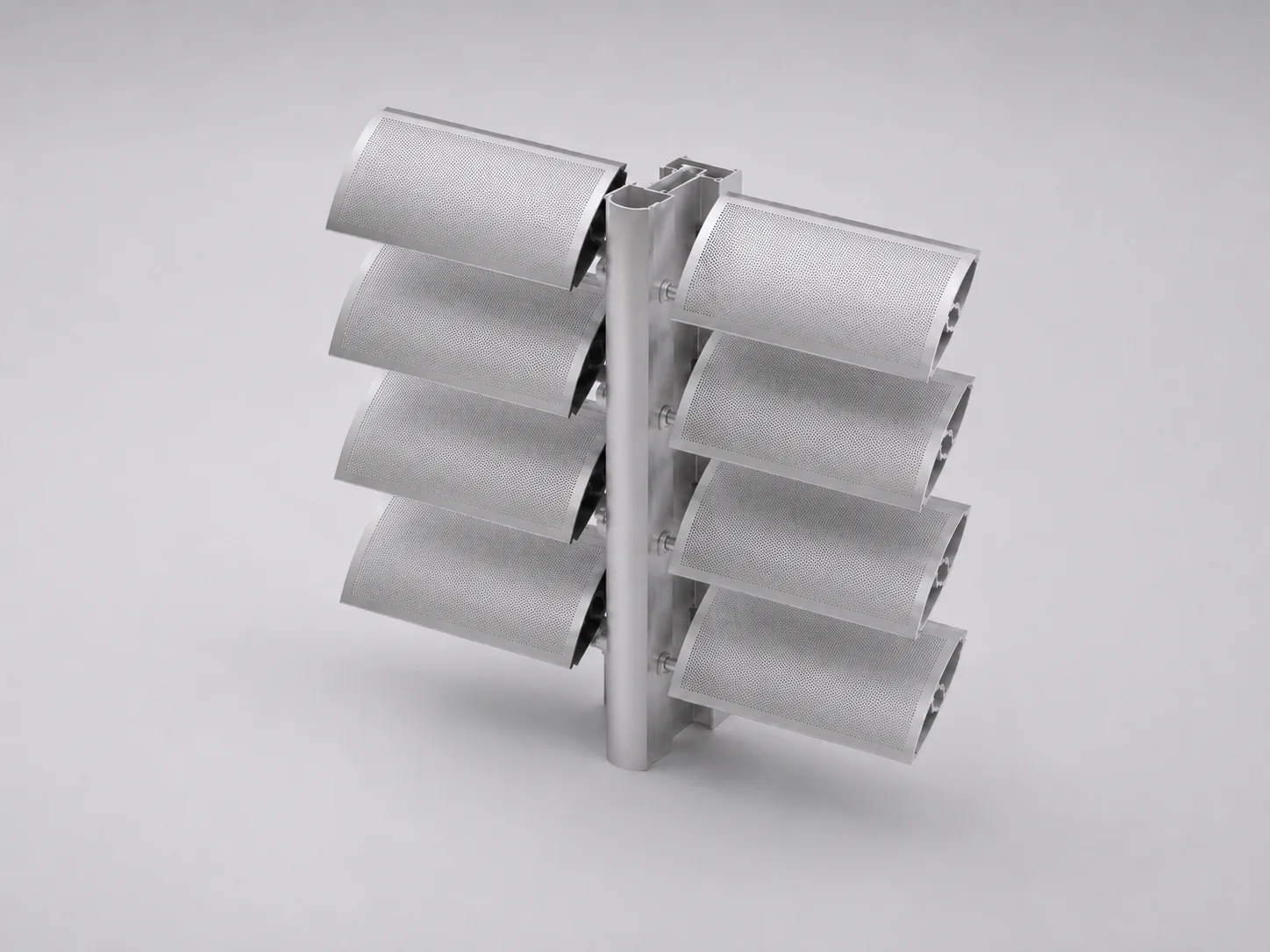 A metallic vertical structure with six curved, rectangular panels arranged in two columns of three, attached to a central pole, set against a plain light gray background.