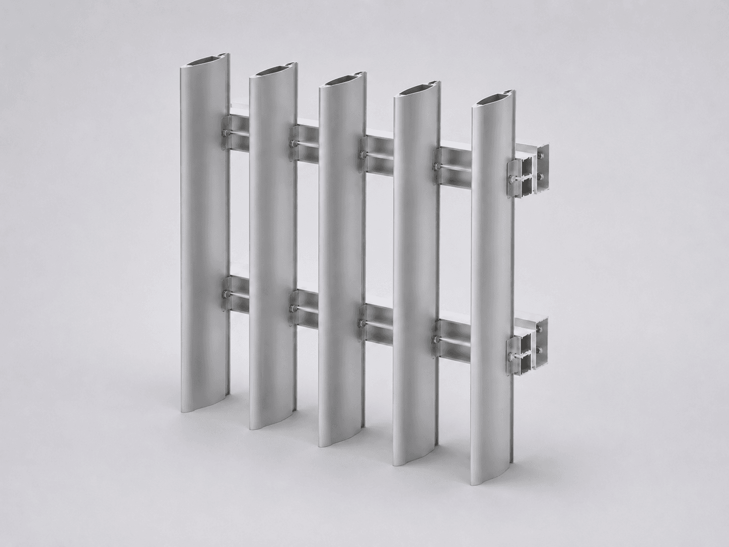 A digital rendering of a metal safety barrier with five vertical steel beams connected by two horizontal bars and mounting brackets on the sides, set against a plain light gray background.