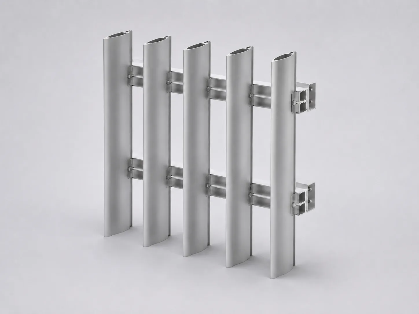 A digital rendering of a metal safety barrier with five vertical steel beams connected by two horizontal bars and mounting brackets on the sides, set against a plain light gray background.