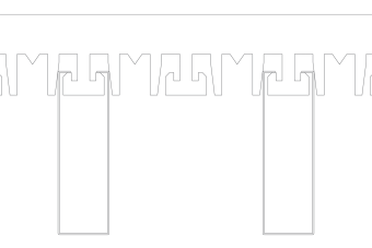 A technical line drawing shows a horizontal row of evenly spaced rectangular and angular shapes, each with a symmetrical cutout extending downward, resembling component connectors or terminals.
