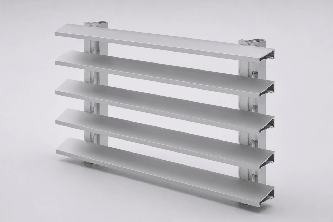 A metallic louver with six horizontal slats and two vertical supports, isolated on a light gray background.