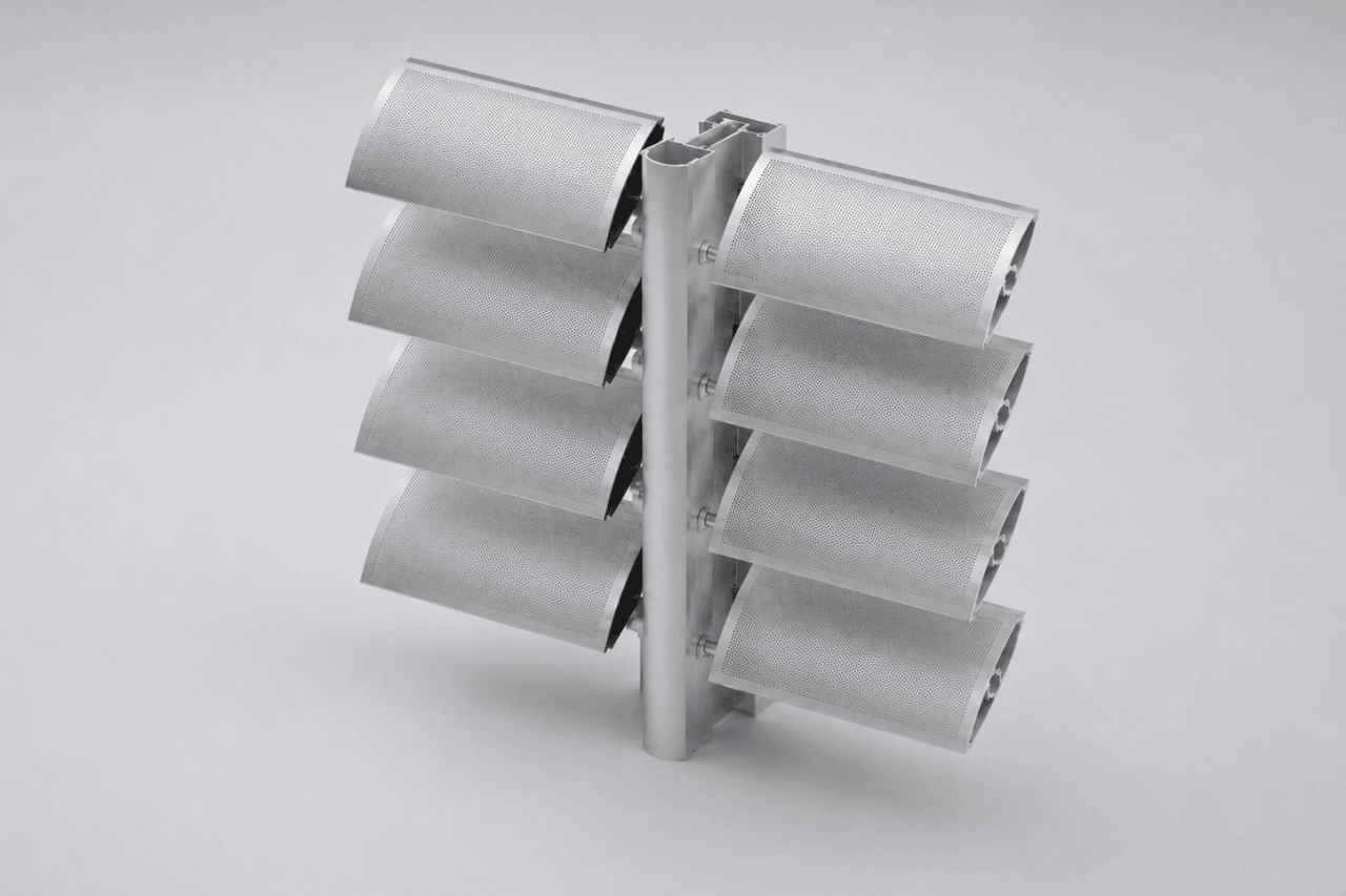A metallic vertical structure with six curved, rectangular panels arranged in two columns of three, attached to a central pole, set against a plain light gray background.