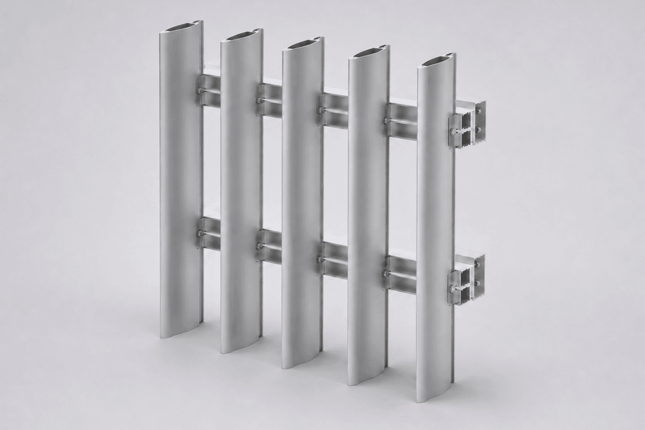 A digital rendering of a metal safety barrier with five vertical steel beams connected by two horizontal bars and mounting brackets on the sides, set against a plain light gray background.